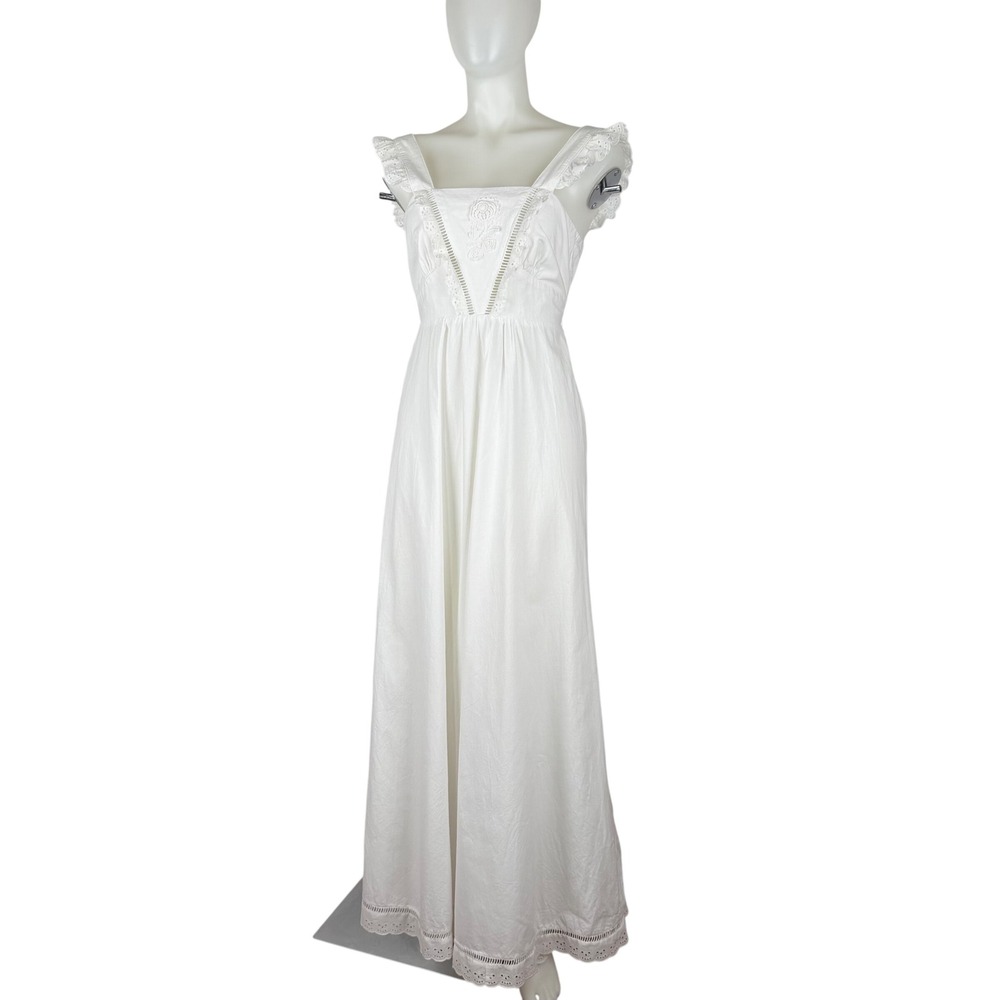 Vintage White Cotton Eyelet Lace Maxi Dress Embroidery V-Back Summer Boho XS